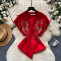 Commute style v-neck single-breasted vest - women's outerwear with embroidered floral accents - brown vest - autumn  - premium quality