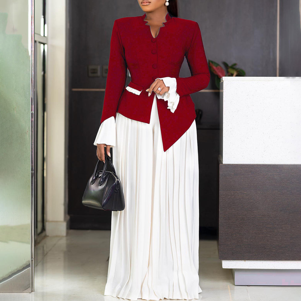 C8609  new arrival: stylish and chic office lady flared sleeve top and pleated wide-leg pants two-piece african outfit set