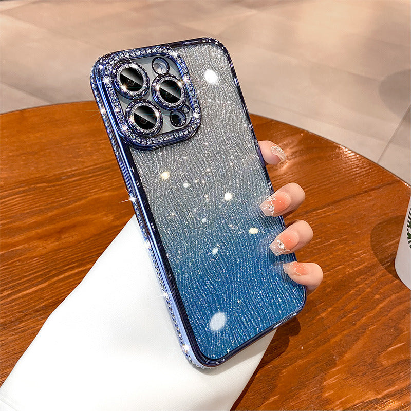 Sparkling electroplated rhinestone iphone 17 pro case - water ripple gradient glitter apple 16 soft case 14