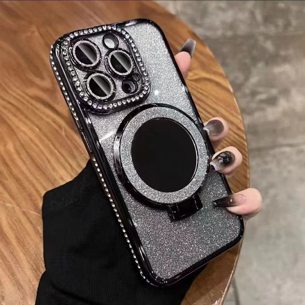 Apple 17pro luxury rhinestone glitter suitable for iphone 16e mobile phone case 15 water ripple mirror bracket magnetic suction