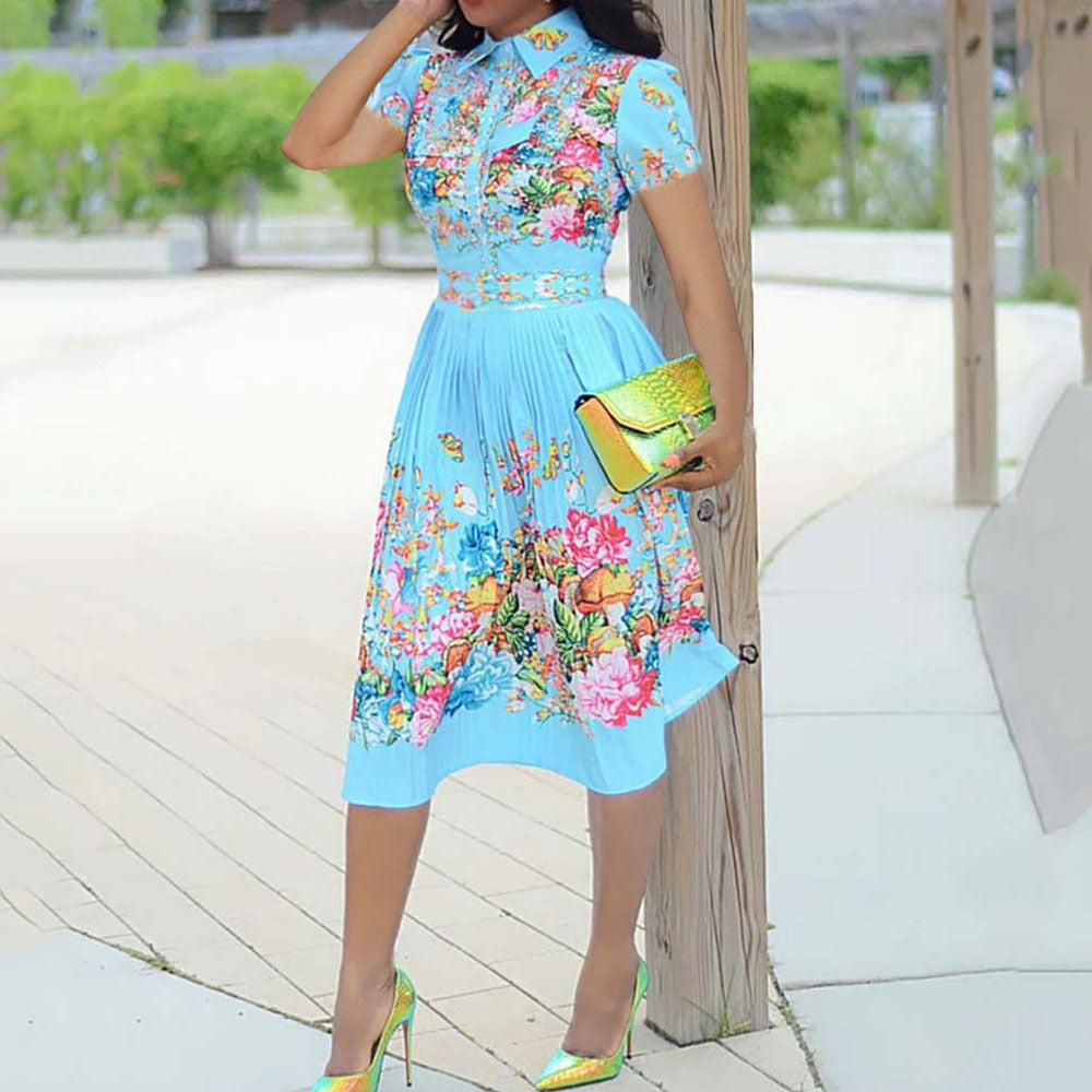 Amazon women's summer new pleated skirt  european and american cross-border waist-defining printed short-sleeve shirt collar dress