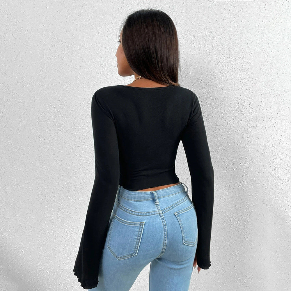export women's t-shirt vacation v-neck bell sleeves waist asymmetricalknittinglong sleeves t-shirt tops