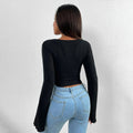 export women's t-shirt vacation v-neck bell sleeves waist asymmetricalknittinglong sleeves t-shirt tops