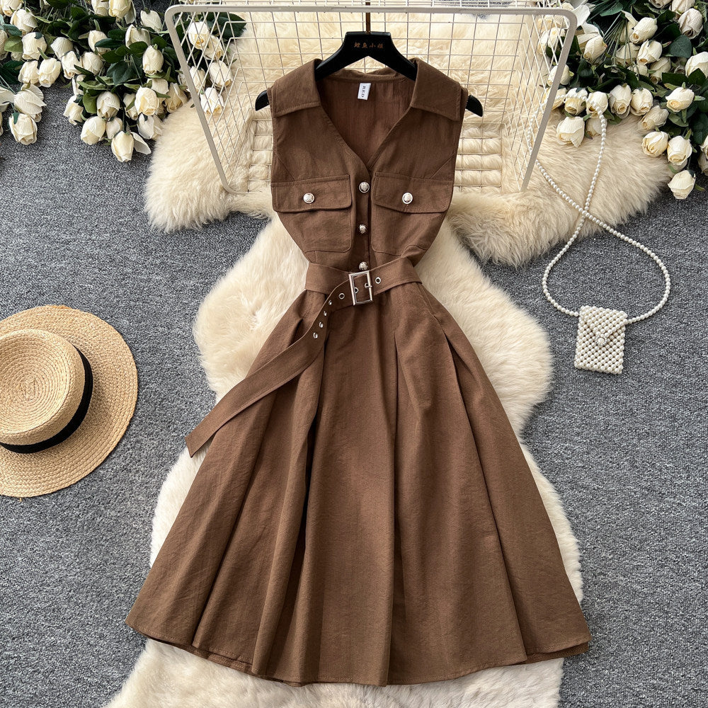 K-stylework clothingv neck sleeveless lapel dress women's summer waist slimming look a-line skirt eleganceelegantsilmp skirt