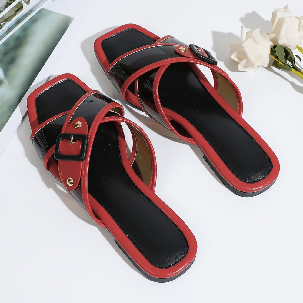 K-style women's shoes square toe cross strap belt buckle sandals glass glue soft leather retroflats slippers outwear flip-flops