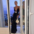 European and american style cross-border  new arrival: sexy and elegant v-neck spliced backless chiffon maxi dress for women