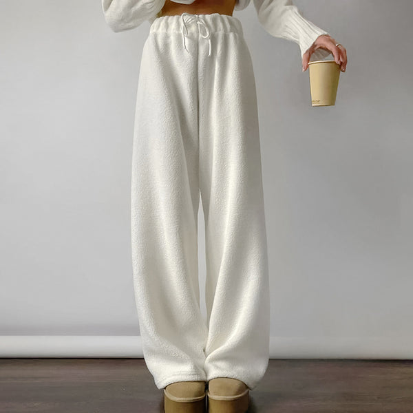 2024 autumn and winter thickened warm white fleece trousers women's loose lamb wool wide-leg trousers versatile casual trousers