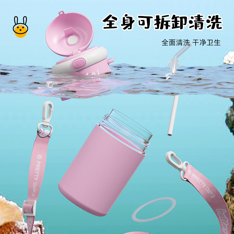 Cartoon bouncing glass cup - large capacity, portable, high-value design for women, cute strapped mug, promotional gift cup