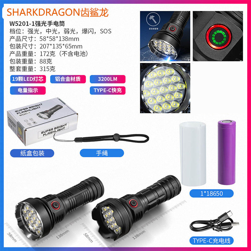 Cross-border new 19LED strong light flashlight Type-C rechargeable outdoor fixed focus flood light high power flashlight