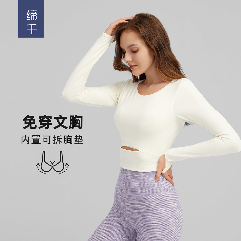 European and american new style padded sports long sleeve t-shirt, fashionable cropped fit, outdoor running slim yoga top for women s2032