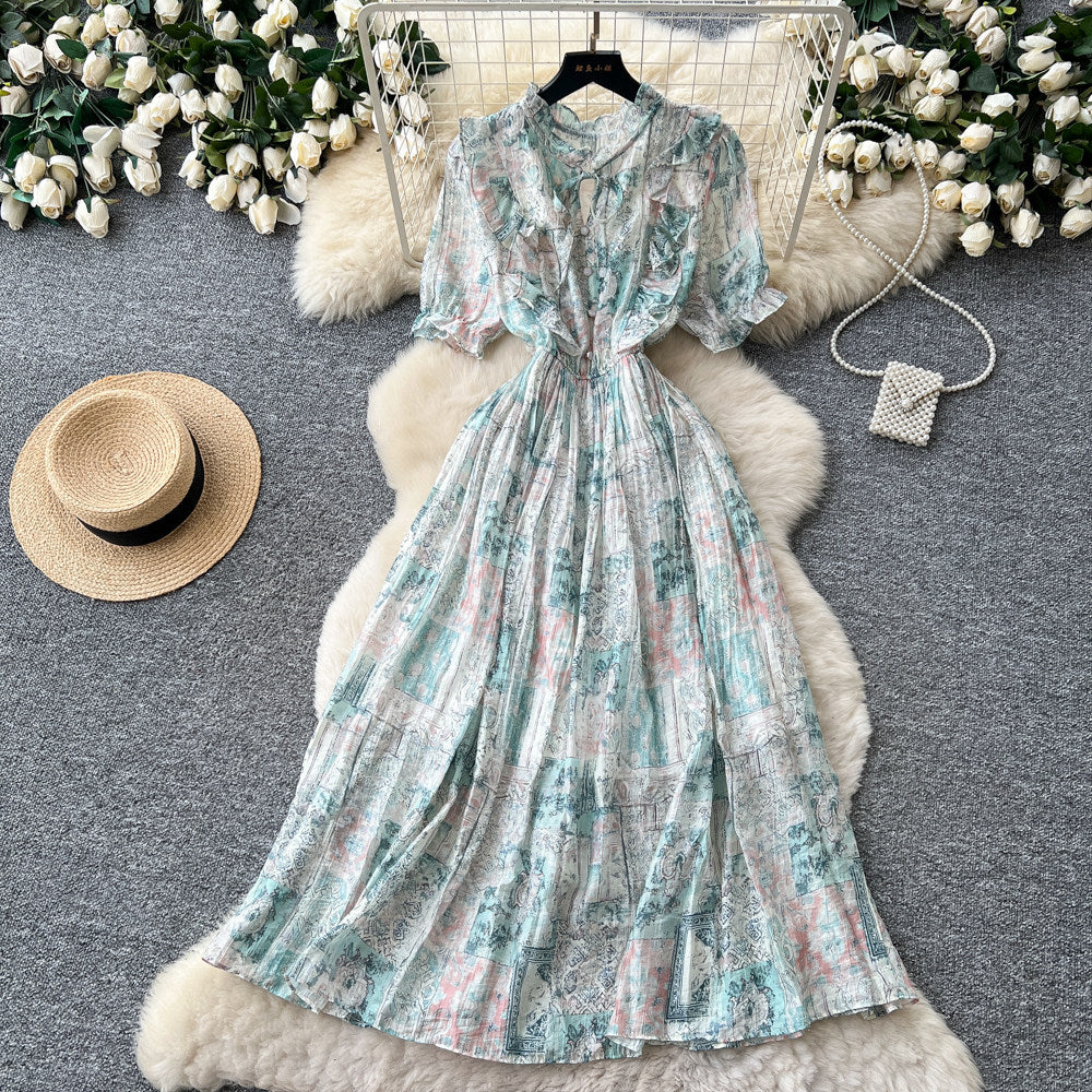French romantic floral dress for women, summer , v-neck, puff sleeves, cinched waist, slimming, elegant maxi dress