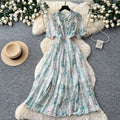 French romantic floral dress for women, summer , v-neck, puff sleeves, cinched waist, slimming, elegant maxi dress