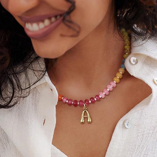 Girl's initial necklace, colorful beaded gemstone choker, gold bubble letter pendant necklace with natural stone for summer