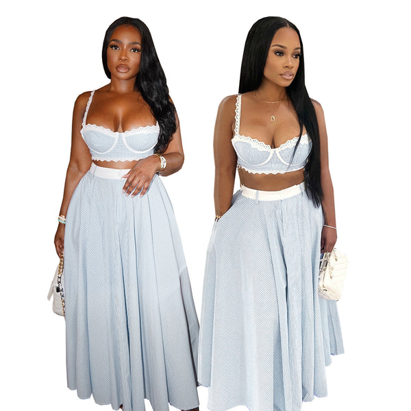 TW719 European and American  women's summer fashion lace splicing sling vest, Spice Girl high-waisted skirt two-piece set