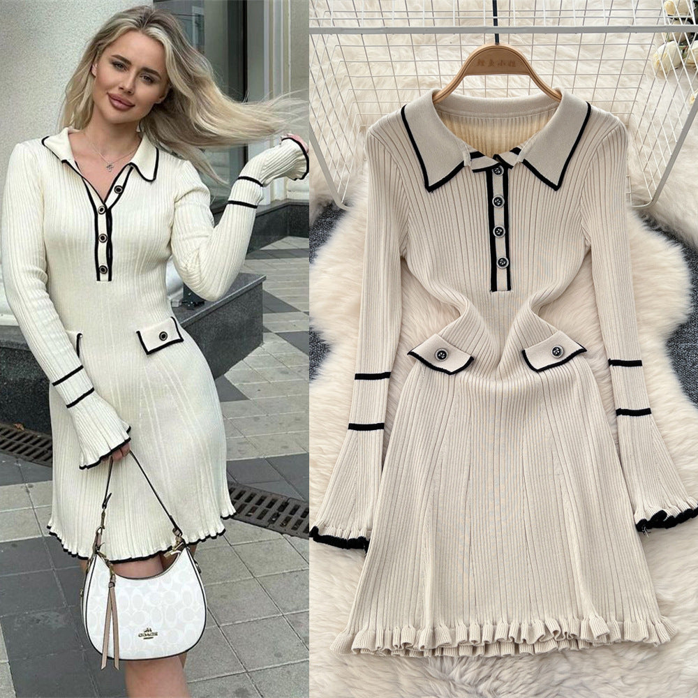 new arrival: women's elegant slim-fit knit dress with ruffle trim, button detail, and collared neckline