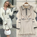 new arrival: women's elegant slim-fit knit dress with ruffle trim, button detail, and collared neckline