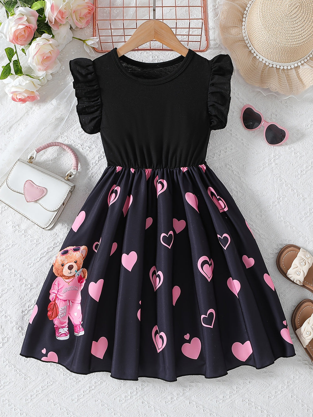 girls' dress: sweet black flutter sleeve sundress with teddy bear and heart print - perfect for summer!