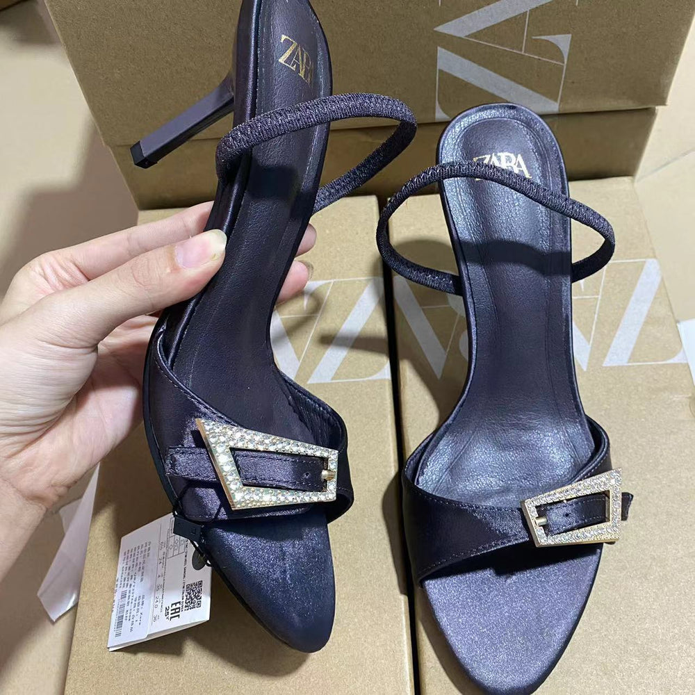 Za2024summernew arrival high-heeled back strap one-strap rhinestone buckle decoration fashionoutwear women's sandals