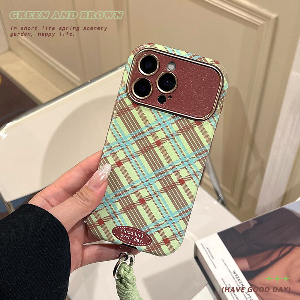 Green and brown plaid lambskin iphone 16 case with large window, iphone 17 pro max drop-proof phone case