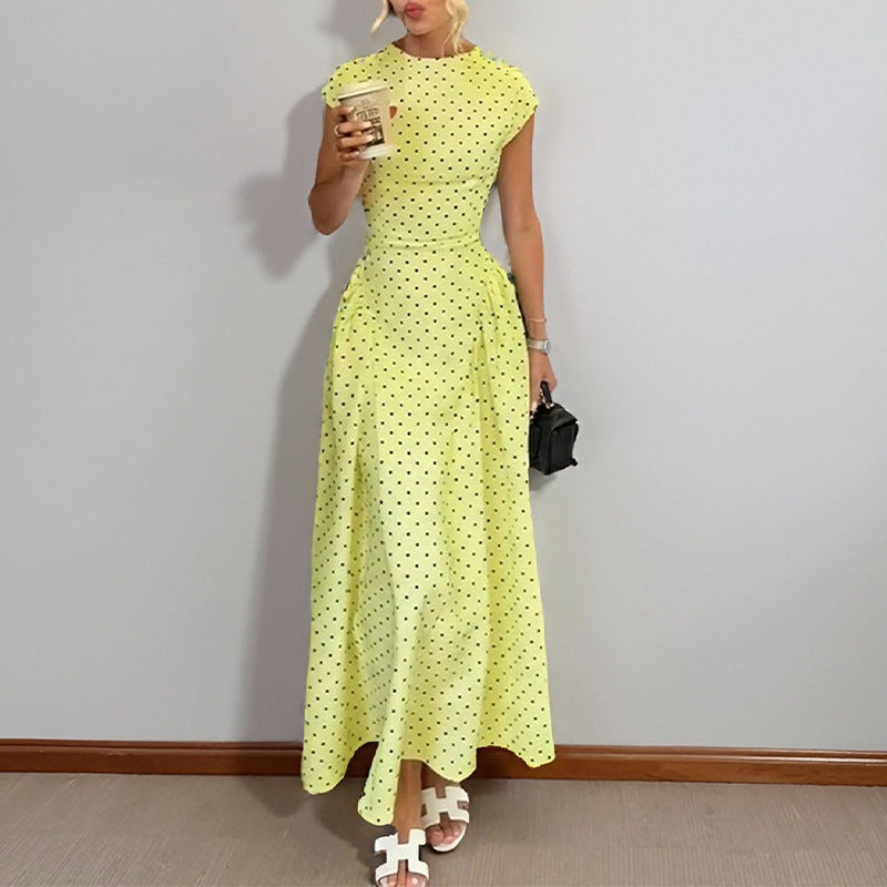 cross-border e-commerce european and american women's clothing: new summer collection - french polka dot round neck, slim-fit, a-line maxi dress