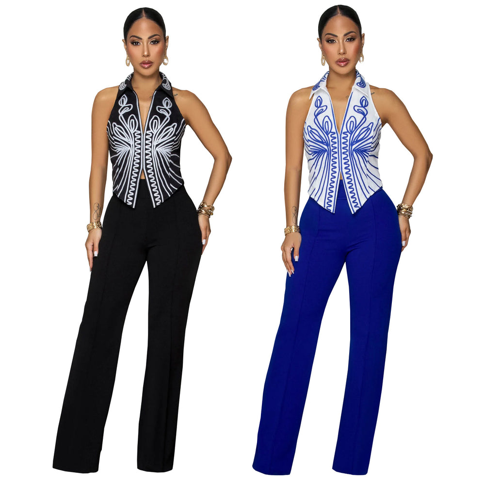 C7452 cross-border   fashion women's elegant printed top and pants two-piece set