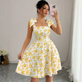 european and american cross-border new arrival: square neck, cinched waist, printed bubble sleeve dress