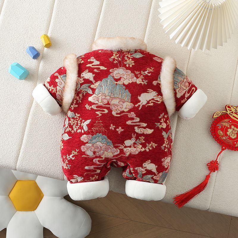 Baby girl winter new year greetings clothes baby winter clothes thickened romper romper winter outing retro one-piece