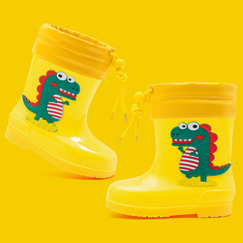 Kids' fashion waterproof warm rain boots - cute cartoon dinosaur design, non-slip, drawstring closure, all-season rain boots for boys and girls
