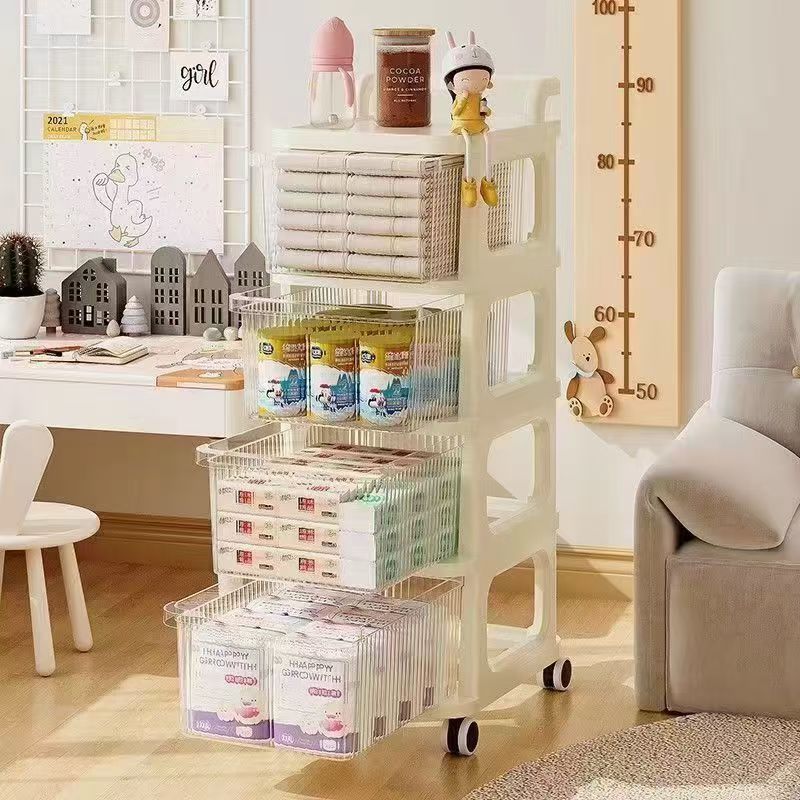 Household snack cart storage rack mobile multi-layer floor-standing drawer organizer toy storage shelf living room cream