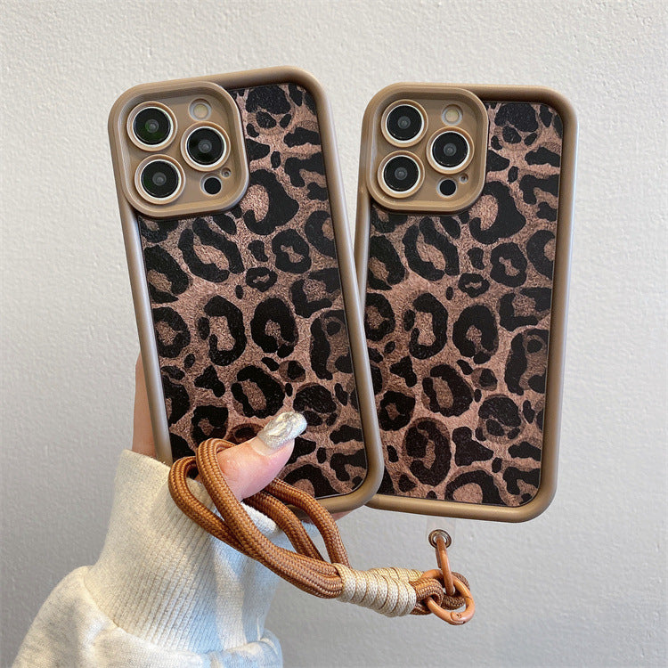 Brown apple 16pro leopard print mobile phone case iphone11/13 short lanyard protective cover xr apple 16 mobile phone case