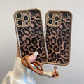 Brown apple 16pro leopard print mobile phone case iphone11/13 short lanyard protective cover xr apple 16 mobile phone case