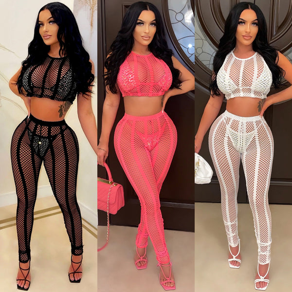 X5716   Hot Diamond Mesh Perspective Crew Neck Sleeveless Breast Wrap Pants Underwear Four-piece Set