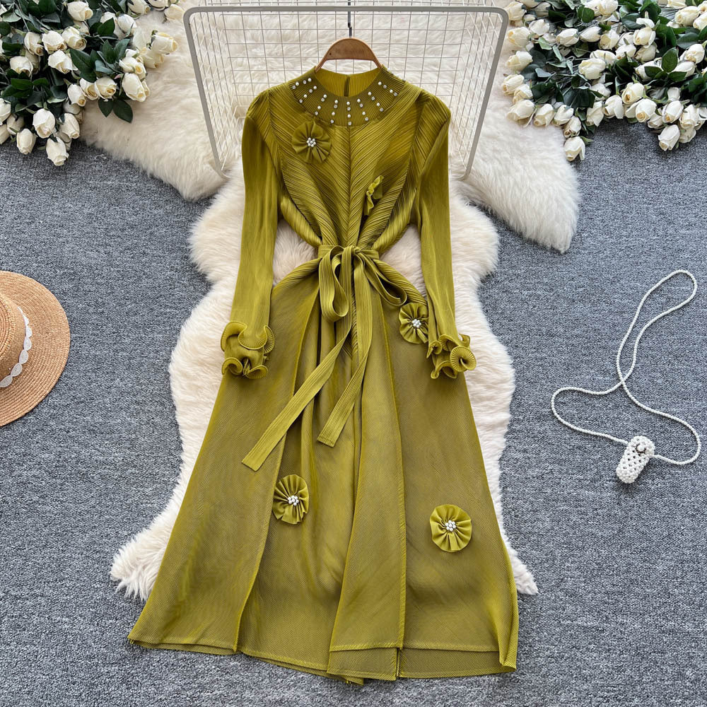 Miya pleated european and american dress for women,  autumn fashion, beaded floral detail, tie-waist, elegant pleated maxi dress