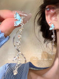 Butterfly pearl tassel long earrings-e6102 silver