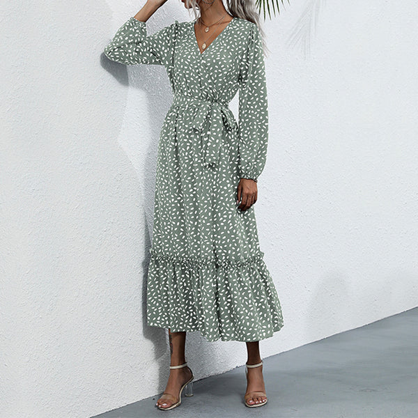 Independent Station Cross-border  European and American women's clothing temperament long dress split green floral dress autumn and winter
