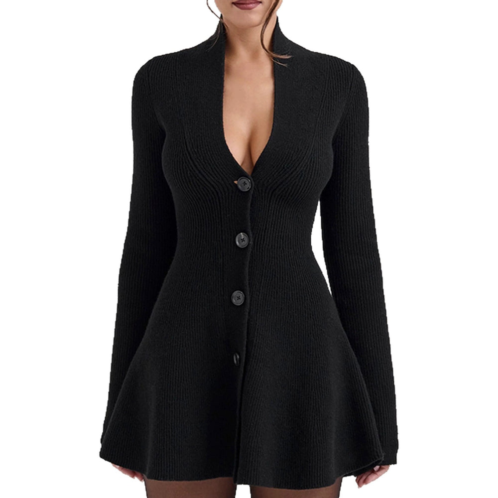 Amazon  fall/winter new women's solid color v-neck single-breasted long sleeve cinched waist sexy knit dress