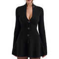 Amazon  fall/winter new women's solid color v-neck single-breasted long sleeve cinched waist sexy knit dress