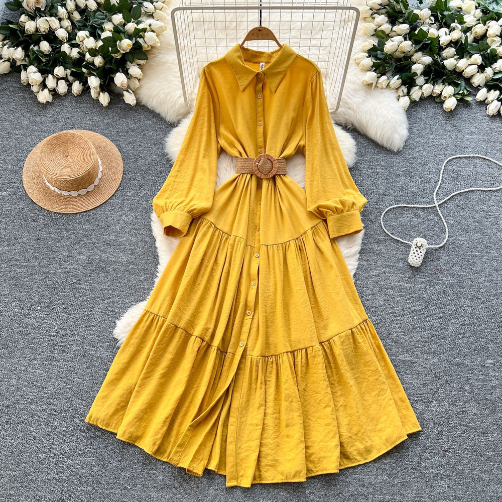 Frenchretro platycodon skirtclassy strappy waist lapel single breasted slimming look large swingshirtdress