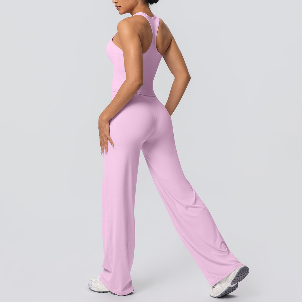 fashion brushed pure color tight i-shaped back sports suit running fitness yoga wear wide-leg two-piece set