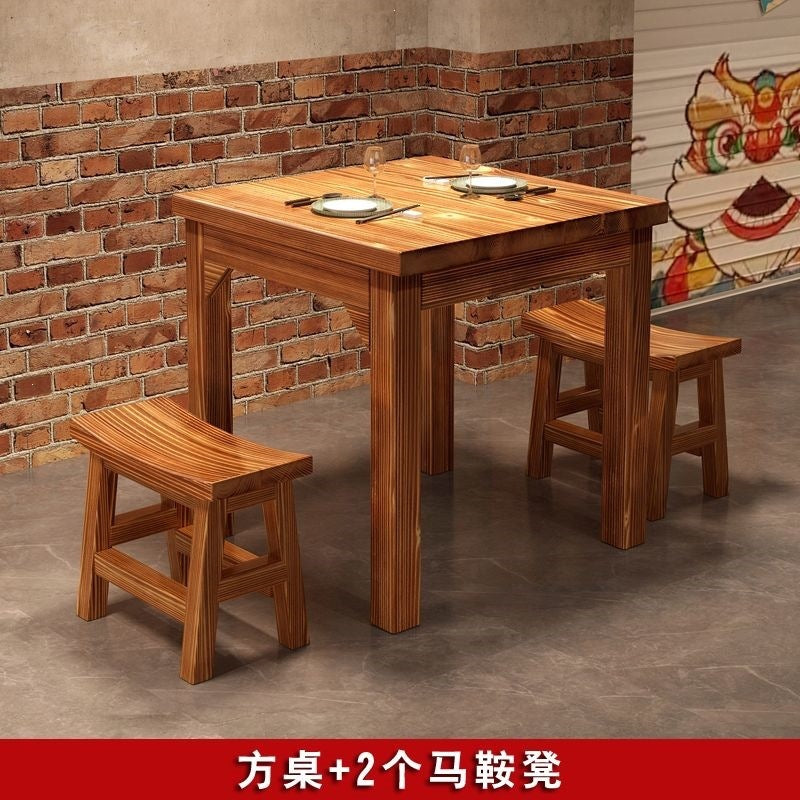 Solid wood dining table and chairs chinoiserie carbonized hot pot barbecue rectangular log dining table restaurant snack shop restaurant dining table