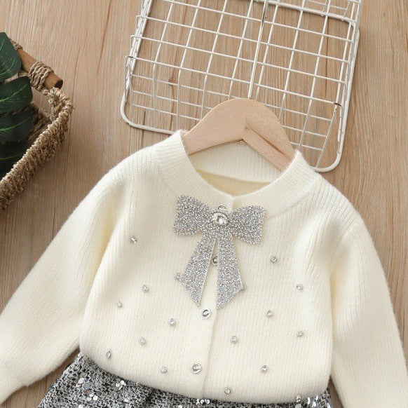 Girlsweater small fragrant style hot diamond bowsknittingcardigangirlnew arrival soft and waxy fall and wintereasiest for matchknittingsuit