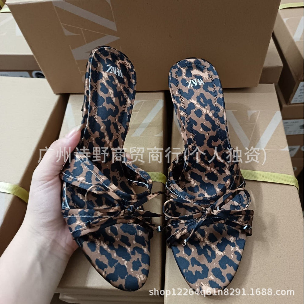 Za new 2024 fashion high heel pointed toe open toe leopard print thin one-strap bow detail backless mules sandals for women