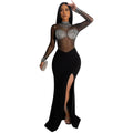 C7330 cross-border   fashion women's sexy see-through mesh rhinestone slit dress