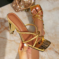 Huizhou women's high heel sandals gold special shaped heel square toe slip-on women's shoes fashion evening party high heel sandals women