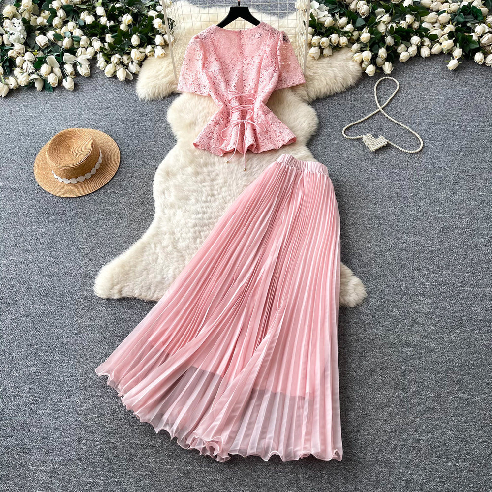 French chic lace top & pleated skirt set - elegant summer two-piece for women, exuding sophistication and style