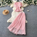 French chic lace top & pleated skirt set - elegant summer two-piece for women, exuding sophistication and style