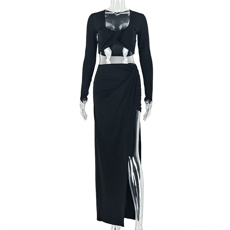 Fashion style insexportpure colorcasual women's hip-covering vacation skirt suitu-neck long sleeves chest-wrapped slit two-piece set