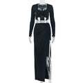 Fashion style insexportpure colorcasual women's hip-covering vacation skirt suitu-neck long sleeves chest-wrapped slit two-piece set
