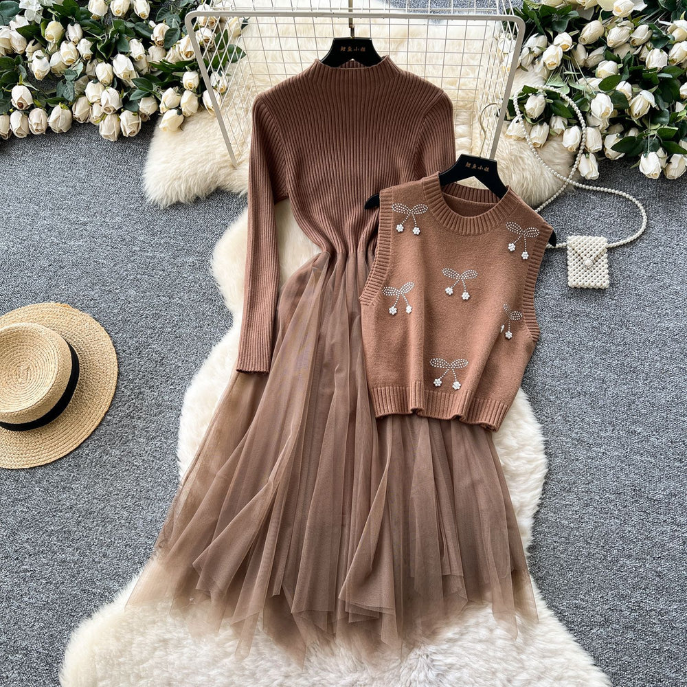 Premium women's fall/winter outfit: cherry rhinestone embellished round neck sleeveless vest + long sleeve knit & mesh panel dress
