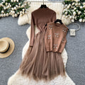 Premium women's fall/winter outfit: cherry rhinestone embellished round neck sleeveless vest + long sleeve knit & mesh panel dress